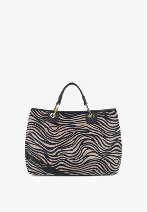 Borsa grande a tracolla con motivo a strisce zebrate rosa e nere. Presenta dettagli in pelle nera e hardware dorato. Manici doppi resistenti.