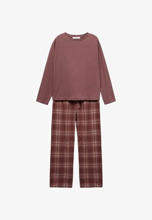 Zweiteiliges Schlafanzug-Set mit einem langärmeligen mauvefarbenen Oberteil und karierten Hosen in Burgunder- und Beigetönen, mit einem elastischen Bund.