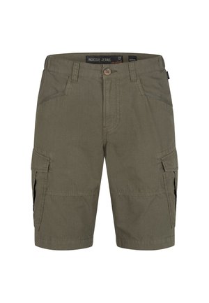 Shorts cargo courbés en olive, fabriqués en tissu durable, avec des poches latérales, une fermeture à boutons et des détails cousus.