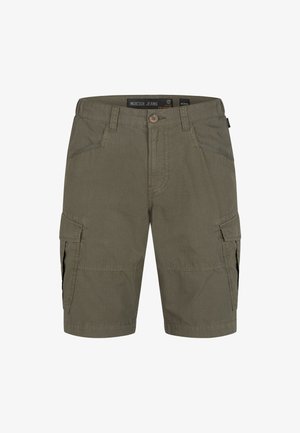 Krzywe szorty cargo w kolorze oliwkowym, wykonane z trwałego materiału, z bocznymi kieszeniami, guzikiem z przodu oraz przeszyciami.