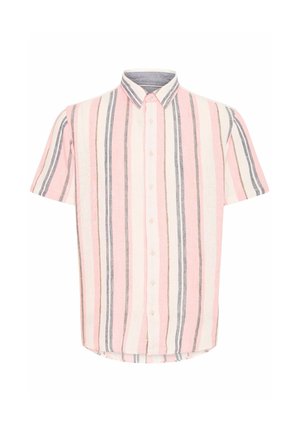 Īsa piedurkne, pogājamā krekls ar rozā, baltām un ziliem vertikāliem svītrām. Izgatavots no teksturēta auduma ar izplatītu apkakli un noapaļotu apakšu.