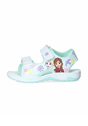 Sandalias infantiles de color azul claro con dos correas ajustables de Velcro blancas. Presentan estampados de dos personajes y diseños florales en la parte superior.