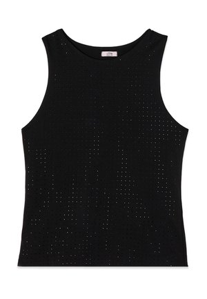 Zwart mouwloos hemd met kleine geperforeerde gaatjes die de stof gelijkmatig bedekken en een ronde halslijn.