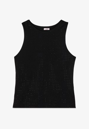 Schwarzes ärmelloses Tanktop mit kleinen, gleichmäßig verteilten perforierten Löchern im Stoff und einem runden Ausschnitt.