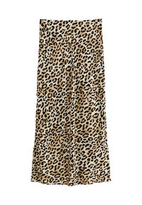 Leopard print wide-leg trousers in a soft fabric, featuring an array of black spots on a beige background for a bold design.