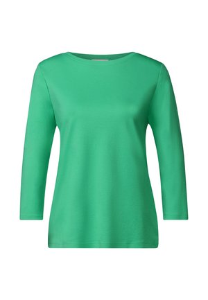 Langärmliges grünes T-Shirt aus weicher Baumwolle, mit Rundhalsausschnitt und normaler Passform, mit glatter Textur und ohne sichtbare Muster oder Akzente.