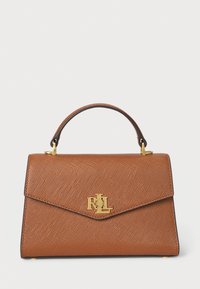 Brown textured leather handbag with a structured design, gold hardware, and an embossed logo on the front. Features a top handle.