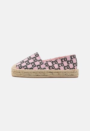 Pink patterned espadrille with black geometric design, jute rope sole, slip-on style, and a rounded toe. Smooth fabric upper.