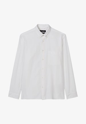 White long-sleeve button-down shirt in cotton fabric, featuring a chest pocket and buttoned collar. Classic design with subtle details.