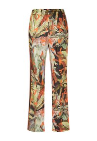 Geprinte broek met een mix van groen, oranje, zwart en roze kleuren. Gemaakt van lichtgewicht stof met een elastische tailleband en een comfortabele pasvorm.