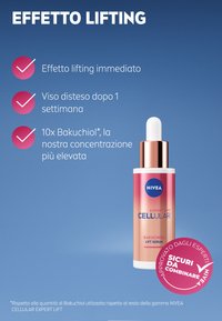Siero Lift Bakuchiol Expert Lift di Nivea in una bottiglia gradiente rosa con cappuccio bianco, dotato di contagocce; l'etichetta evidenzia l'effetto lifting immediato.