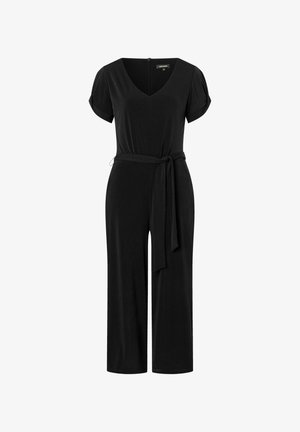 Schwarzer Jumpsuit mit V-Ausschnitt, kurzen Ärmeln und tailliertem Gurt. Hergestellt aus einem glatten Material, mit weitem Bein und einem unauffälligen Reißverschluss im Rücken.