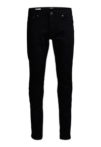 Černé skinny džíny z denimu s středně vysokým pasem, obsahující pět kapes, zapínání na knoflík a minimální detaily šití. Hladká textura.