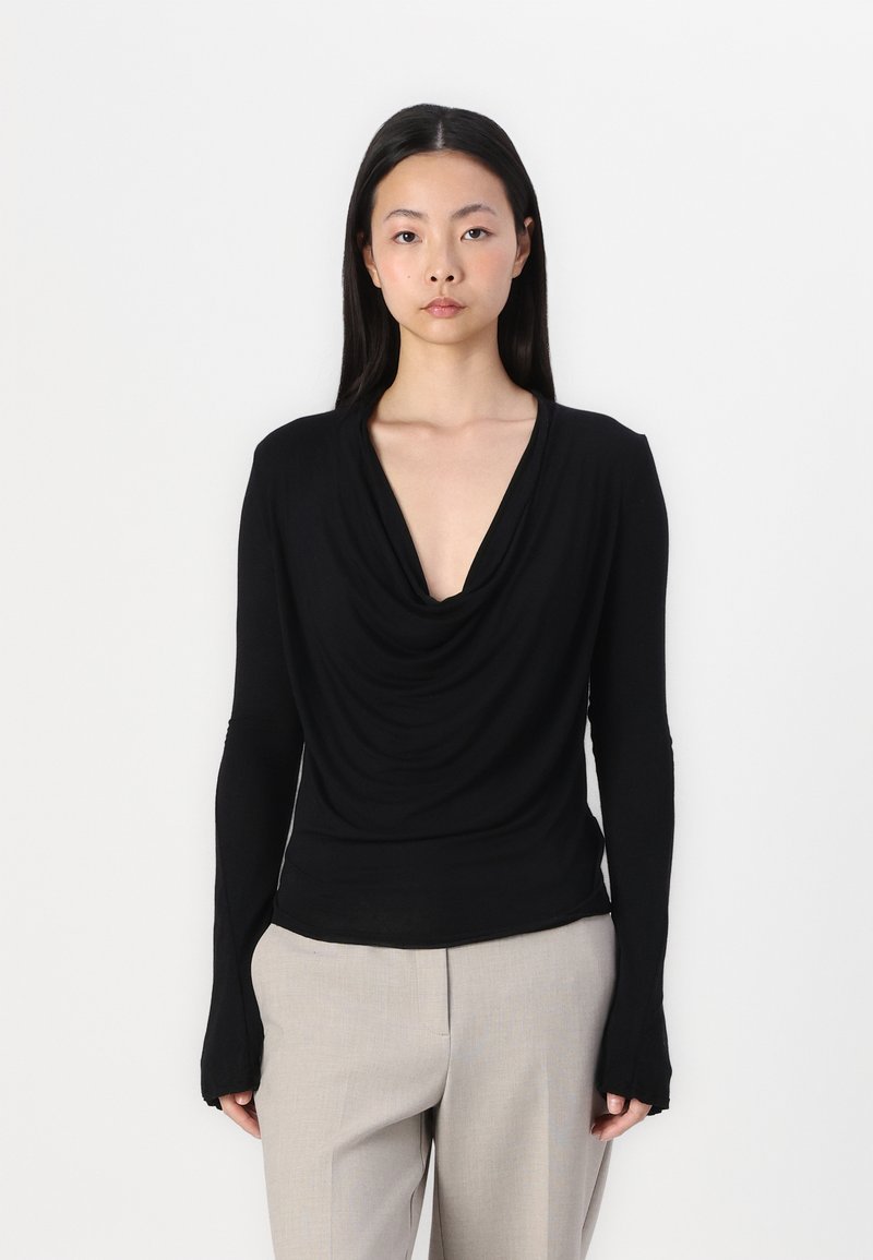 Black long-sleeve top with a draped neckline, made of lightweight fabric, featuring fitted sleeves and a smooth texture.