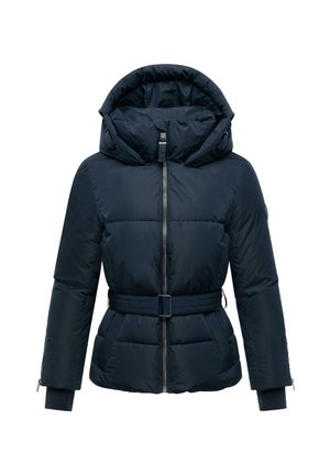 Navy puffer jacket with a padded design, detachable hood, belted waist, zip front closure, and elastic cuffs.  Features side pockets.