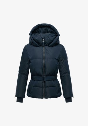 Giacca puffer blu navy con design imbottito, cappuccio removibile, vita cinturata, chiusura frontale con zip e polsini elasticizzati. Presenta tasche laterali.