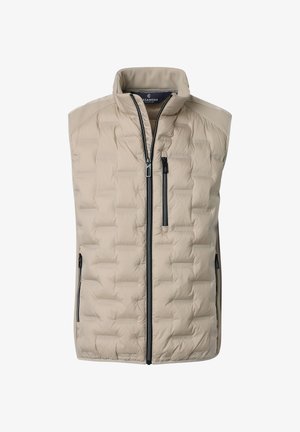 Gilet imbottito beige con collo alto, zip frontale e tasche laterali. Il tessuto presenta una texture trapuntata con dettagli della zip di colore scuro.