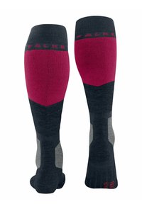 Kniestrümpfe mit einem rosafarbenen oberen Teil, einem dunkelgrauen Körper und hellgrauen Akzenten. Hergestellt aus einem strukturierten Strickmaterial.