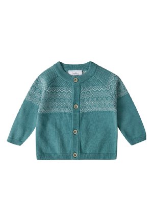 Cardigan lavorato a maglia in teal con motivi geometrici beige, maniche lunghe e chiusura con bottoni. Presenta un giromanica testurizzato e polsini e orlo a coste.