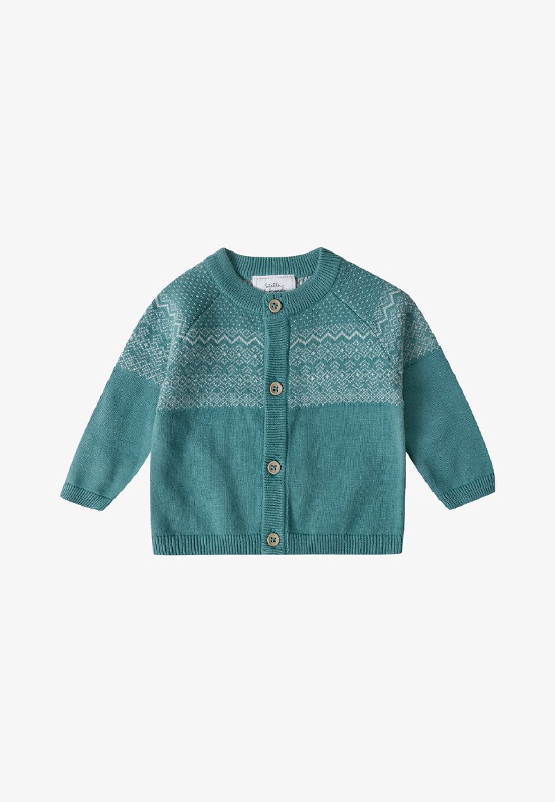 Teal gebreid vest met beige geometrische patronen, lange mouwen en knoopsluiting. Kenmerken zijn een gestructureerde schouderpartij en geribbelde manchetten en zoom.