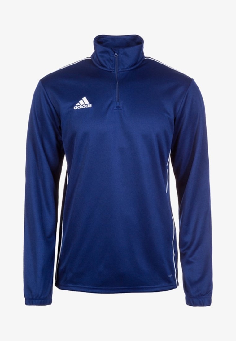 Tummansininen pitkähihaisuuden pulloveri, jossa on korkeampi kaulus, valkoiset sivusuorat ja neljänneksen vetoketju edessä. Valmistettu sileästä, kevyestä kankaasta.