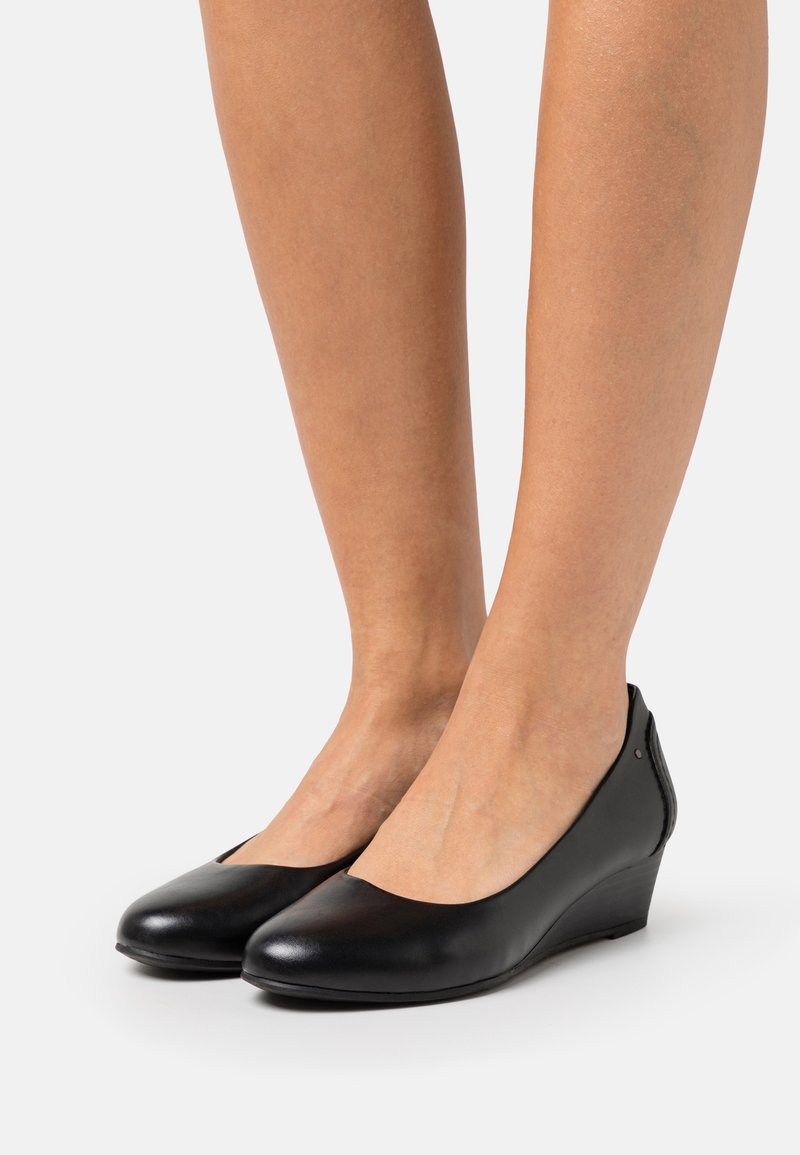 Femme portant des chaussures compensées en cuir noir, debout sur une surface blanche, montrant les jambes et les pieds en dessous.
