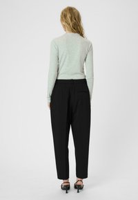 Un top din bumbac verde deschis cu dungi, cu mânecă lungă, asortat cu pantaloni negri cu talie înaltă, având un buzunar pe spate și picioare înguste. Tocurile negre completează ținuta.