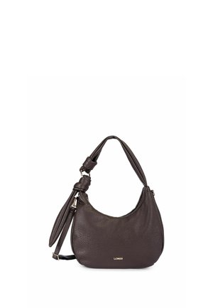 Borsa a tracolla in pelle marrone scuro con trama, dettaglio della tracolla annodata e piccolo logo L.CREDI dorato sul davanti.