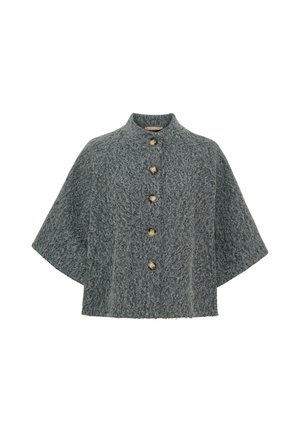 Grå tekstureret kort kappe med fem knapper foran og en lille ståkrave, vist på hvid baggrund.