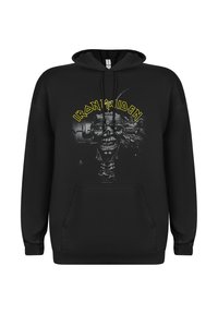 Černá mikina s kapucí a přední kapsou. Obsahuje grafický design se skull a strojovými prvky, doplněný žlutým textem "IRON MAIDEN". Materiál z bavlny.