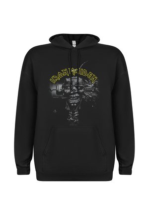 Sudadera negra con bolsillo frontal. Presenta un diseño gráfico con una calavera y maquinaria, acentuada por el texto amarillo "IRON MAIDEN". Material de algodón.