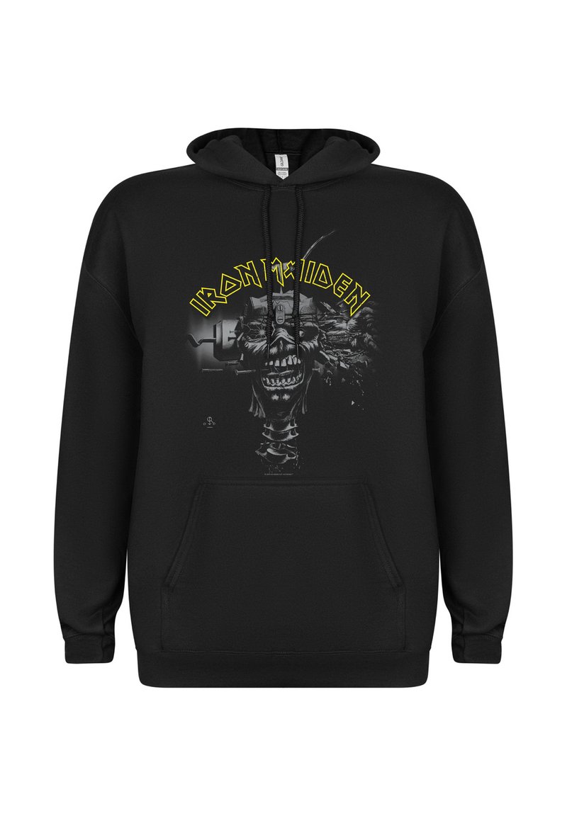 Černá mikina s kapucí a přední kapsou. Obsahuje grafický design se skull a strojovými prvky, doplněný žlutým textem "IRON MAIDEN". Materiál z bavlny.