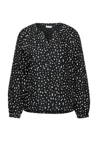 Schwarze Bluse mit weißem gepunktetem Muster, leichtem Stoff, V-Ausschnitt, Knopfleiste und langen Ärmeln mit elastischen Bündchen.