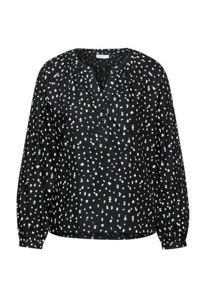 Schwarze Bluse mit weißem gepunktetem Muster, leichtem Stoff, V-Ausschnitt, Knopfleiste und langen Ärmeln mit elastischen Bündchen.