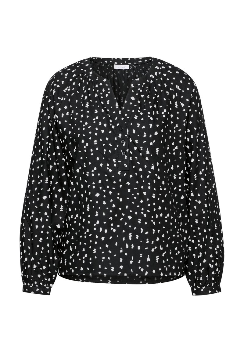 Schwarze Bluse mit weißem gepunktetem Muster, leichtem Stoff, V-Ausschnitt, Knopfleiste und langen Ärmeln mit elastischen Bündchen.