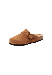 Brauner Wildleder-Slipper-Clog mit verstellbarer Schnalle, pelzgefüttert, Korksohle und schwarzer Gummiprofilsohle, schräg dargestellt, um Seite und Oberseite zu zeigen.