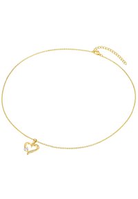 Aukso kaklo papuošalas su širdies formos pakabuku, kuriame yra mažas deimanto akcentas, o grandinėlė aprūpinta užsegimu ir prailginimo nuoroda, leidžiančia reguliuoti ilgį.