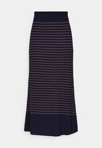 Jupe midi tricotée bleu foncé avec fines rayures horizontales beige et une large ceinture et un ourlet côtelés.