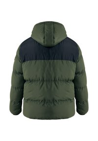 Grønne pufferjakke med et marineblåt toppanel, har hætte, quiltet design og elastiske manchetter. Blød, isoleret tekstur.