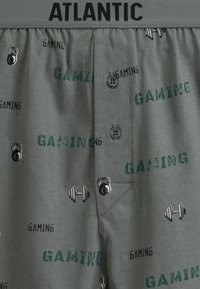 Szare bokserki z napisem "GAMING" oraz ikonami fitness w ciemnozielonym i srebrnym kolorze. Posiadają czarny elastyczny pas z napisem "ATLANTIC."