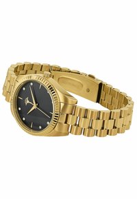 Goldfarbene metallische Uhr mit schwarzem Ziffernblatt, silbernen Stundenmarkierungen und einem Armband aus ineinandergreifenden Gliedern. Mit einer strukturierten, geriffelten Lünette.