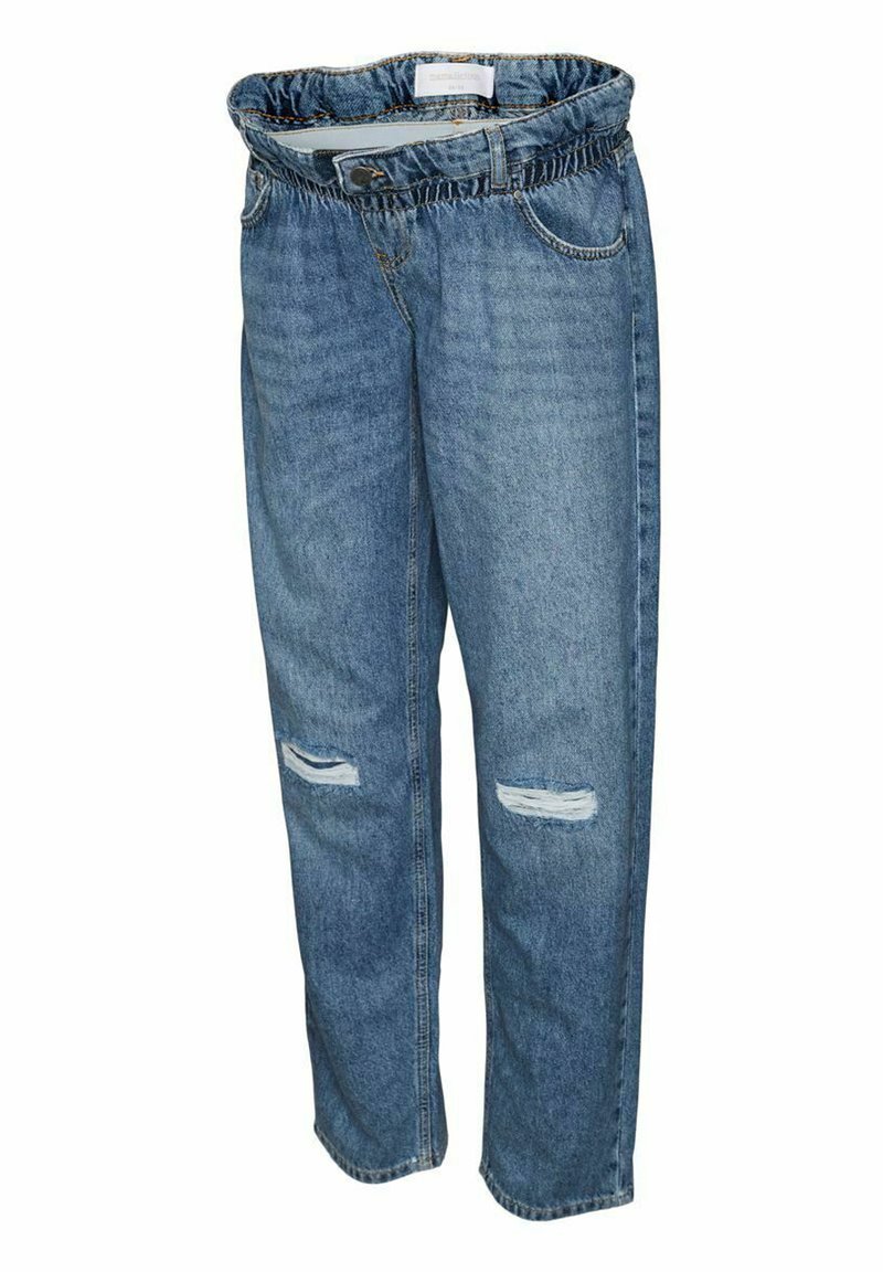 Blauwe denim jeans met een relaxed fit, voorzien van een elastische tailleband, twee voorzakken en versleten knieën met rafelige randen.