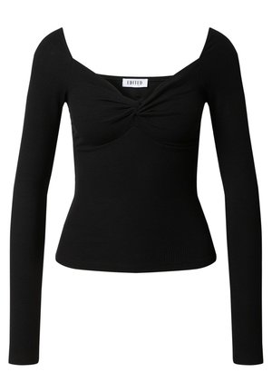 Zwarte lange mouwen top van ribmateriaal, met een vierkant decolleté en gedraaide details aan de voorkant. Strakke pasvorm met een gladde textuur.