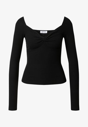 Zwarte lange mouwen top van ribmateriaal, met een vierkant decolleté en gedraaide details aan de voorkant. Strakke pasvorm met een gladde textuur.