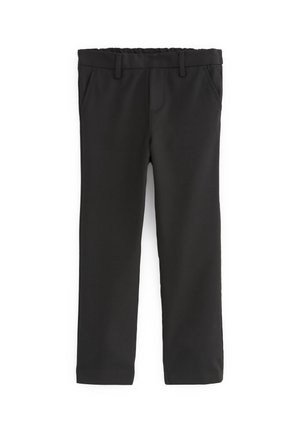 Pantalon noir droit sur mesure avec passants pour ceinture et poches latérales sur fond blanc.