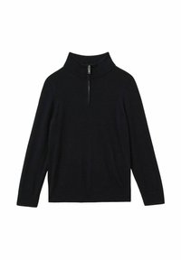 Maglione nero con colletto alto e chiusura a mezza zip. Realizzato in un materiale a maglia liscia, presenta maniche lunghe e vita aderente.