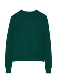 Maglione verde a maglia con scollo rotondo, polsini e orlo a costine, caratterizzato da una texture liscia e spalle senza cuciture. Vista dal retro.