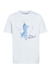 White cotton t-shirt featuring a blue graphic of a snowman, surrounded by snowflakes, with the text "Ice Breaker!" in black.