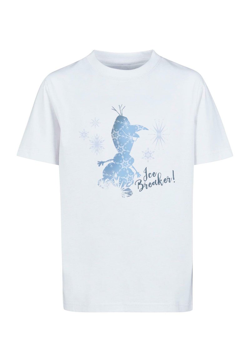 White cotton t-shirt featuring a blue graphic of a snowman, surrounded by snowflakes, with the text "Ice Breaker!" in black.