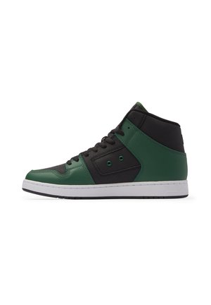 High-top sneaker in green and black with black laces and a white sole, shown from the side on a white background.
